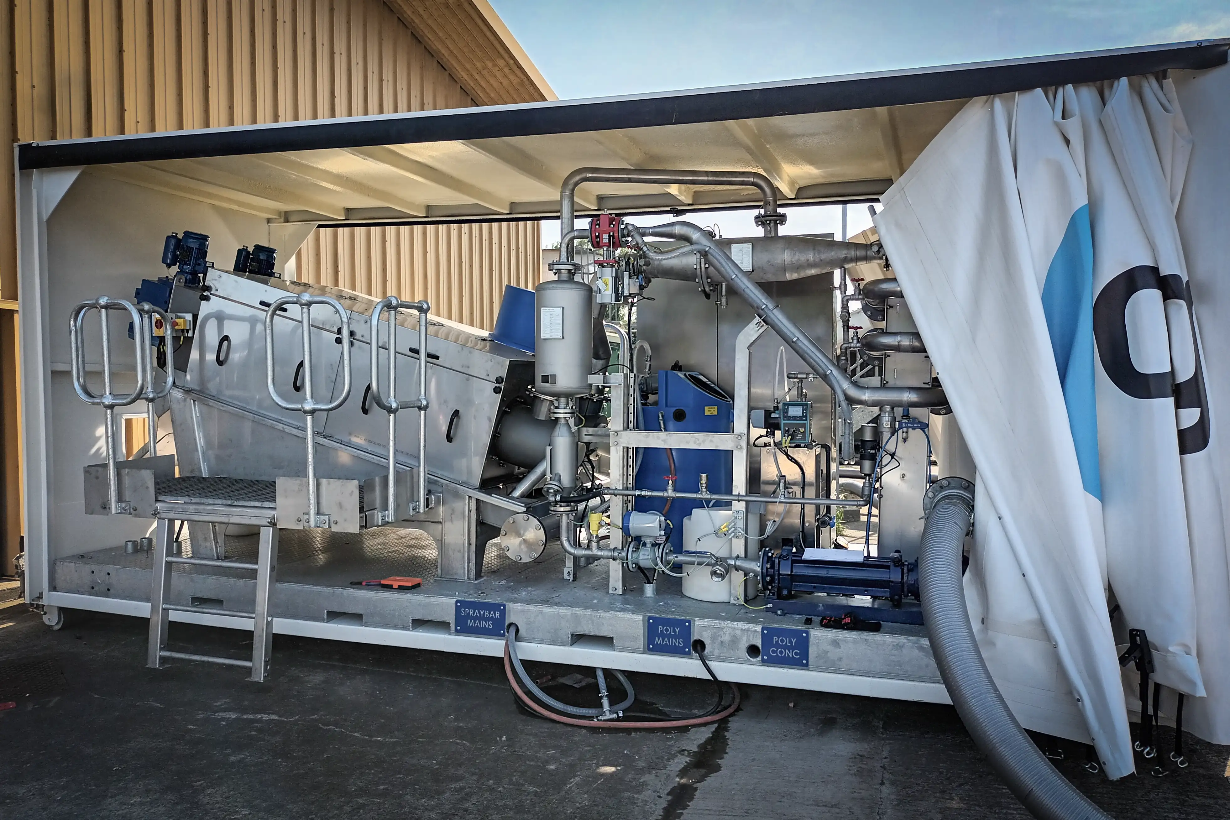 Mobile dewatering services with belt press, screw press and ancillary equipment